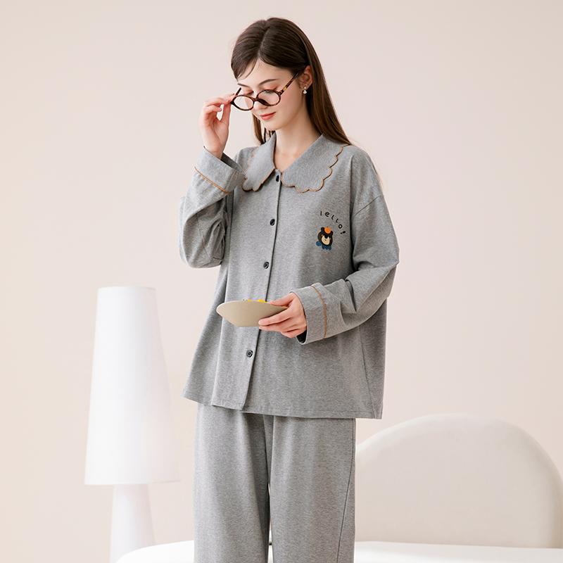 Fenteng [100% cotton] lace lapel cardigan with a girlish feel that can be worn as an outerwear long sleeved home suit set for women's sleepwear