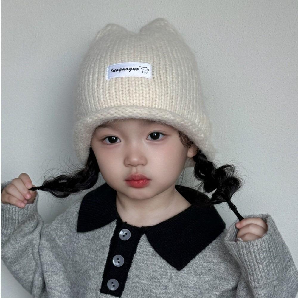 Soft Knitted Kids Pullover Hat Rolled Edge Rabbit Ear Knit Hat Cute Baby Beanie  For Boys Girls