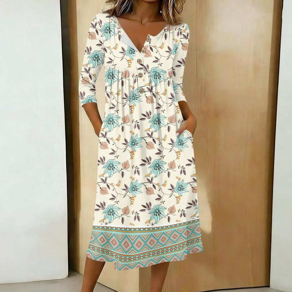 Женское модное цветное платье с круглым вырезом, рукавом 3/4, воротником на пуговицах, средней длины, в повседневном стиле