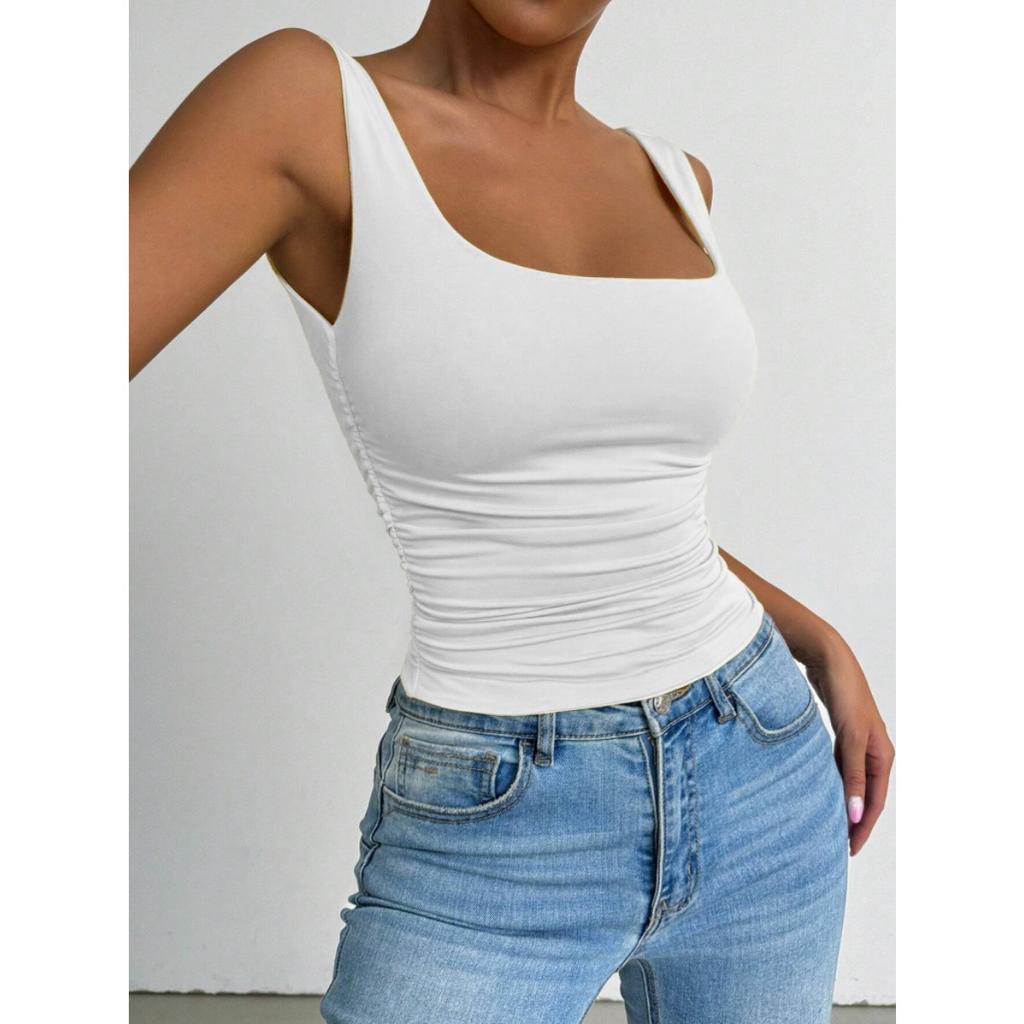 Women's Sleeveless Camisole Vest with Square Neckline, Casual Basic Style, Exposed Navel Top