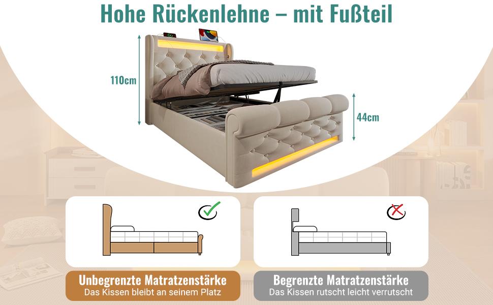 Modern Upholstered Single Bed 90x200cm with LED Lights, Storage Headboard with USB and Type-C Ports, Hydraulic Bed, Beige, Velvet (Without Mattress)