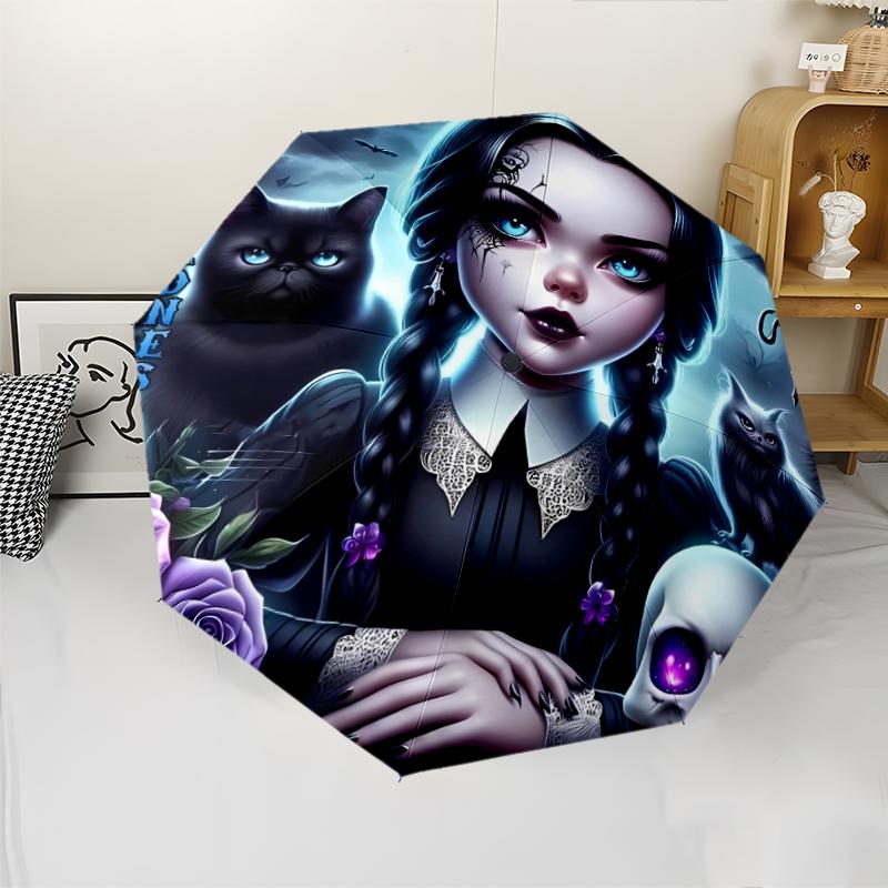Wednesday Addams Print Automatic Umbrella, 8 Rib Iron Frame, Plastic Handle, Suitable for Outdoor Travel &Daily , Ideal Gift