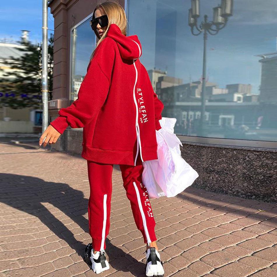 Европейский и американский женский длинный свитер на молнии с буквенным принтом и брюки комплект