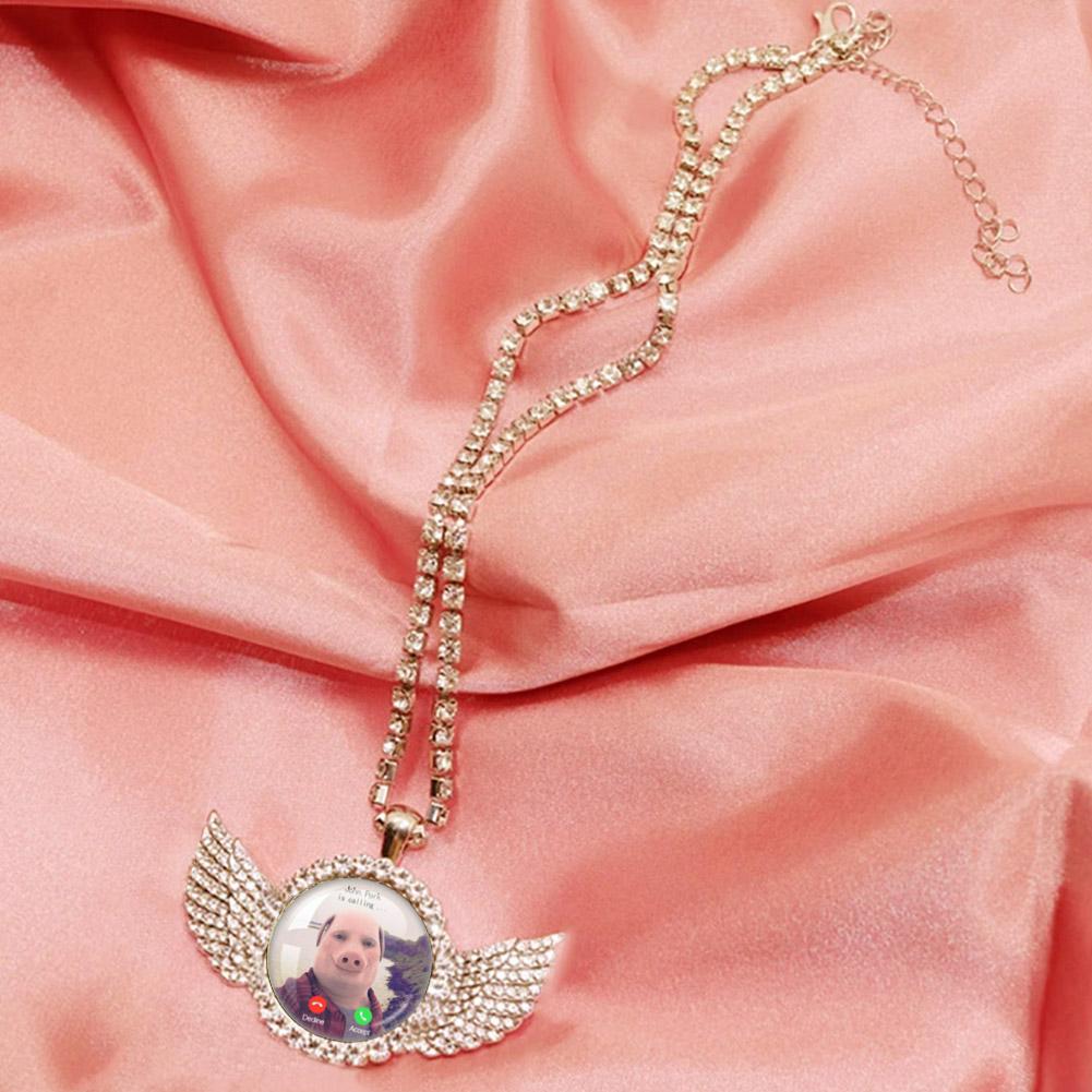 For John Pork Is Calling Answer Call Phone Humor Funny Pig Lover Graphic The Moon Necklace Angel Wings Pendant Necklace Gift