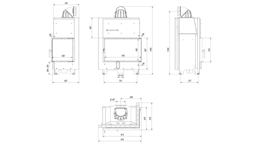 Steel fireplace KRATKI MBO right 15 kW Ø 200 self closing door