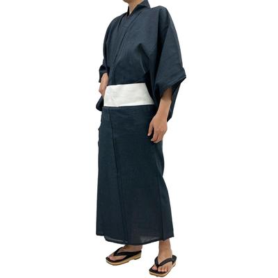 Мужской комплект юката из двух предметов Kyoto Kimono Yuzen, черный хлопок с плетением сидзира, квадратный оби на липучке, цвет чернил (Вертикальные полосы), Размер M
