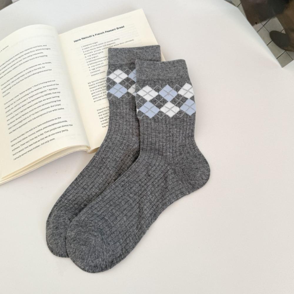 New Korean Style Cotton Socks Small Flower Light Mid-calf Socks Grey Checkered Breathable Boneless Pile Socks Spring Summer