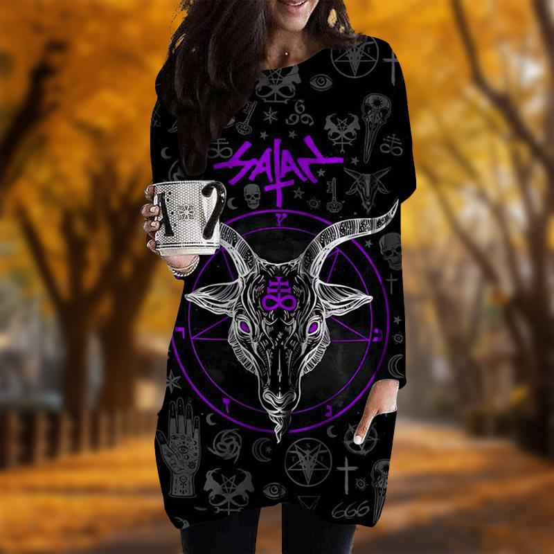 New In Autumn Magic Formation Sheep Head Print Plus Size Dress Women O'neck Long Sleeves Casual Pocket Dresses