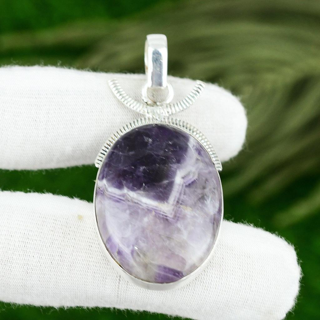 Birthday Gift For Her Natural Chevron Amethyst Gemstone Pendant 925 Silver