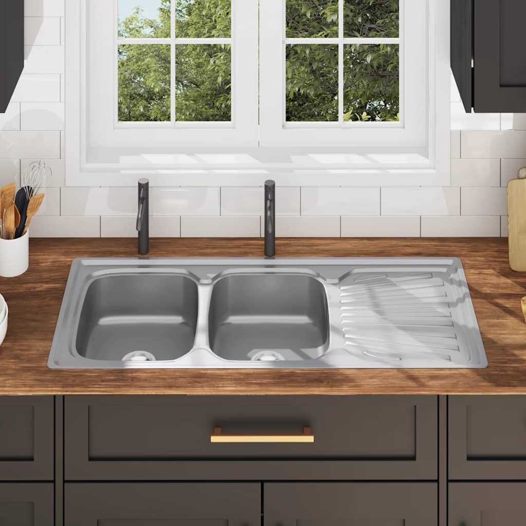 Double Kitchen Sink with Drainboard Strainer & Siphon Stainless Steel