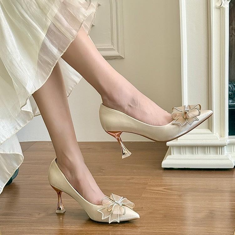 Новые атласные туфли-босоножки с бантом из стразов на высоком каблуке-шпильке в сказочном стиле, римские туфли