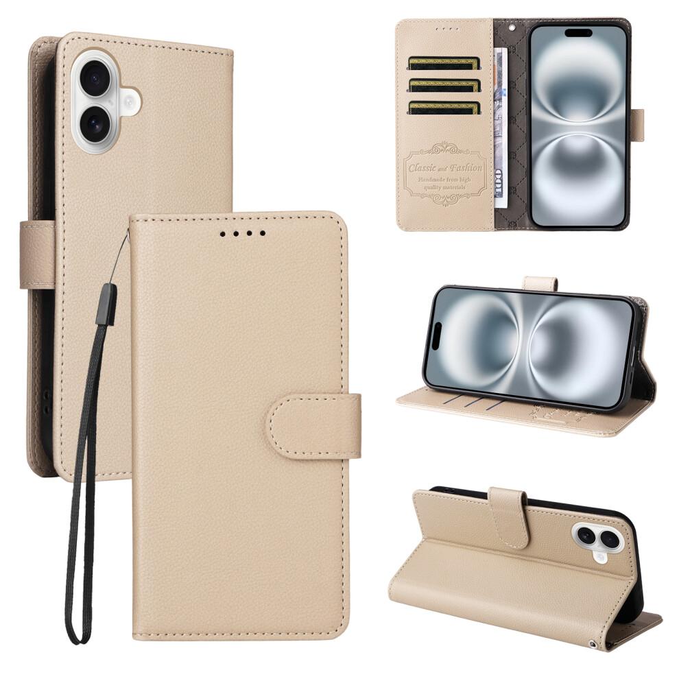(iPhone 16, Creamy White) For iPhone 16 Case RFID Blocking 3 Card Slots PU Leather Phone Cover with Wrist Strap