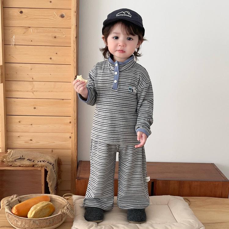 Handsome Boy Striped Two-Piece Set Autumn Baby Half-Open Button-Up Collar Top Wide-Leg Leggings Going Out Clothes