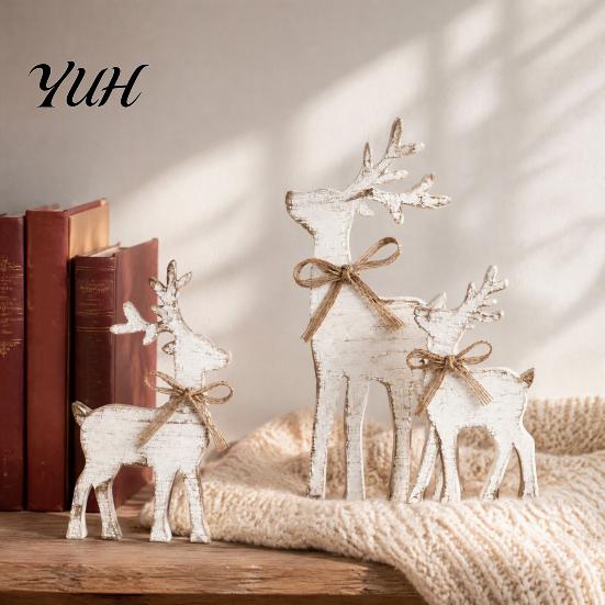 Decorative Wooden Elk Sign 3Pcs/Set Christmas Table Sign, Rustic Reindeer Family Tabletop Decoration, Seasonal Home Decor Jute Rope Bow Centerpiece