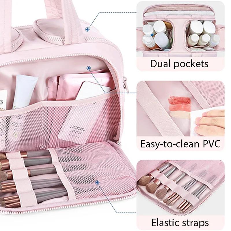 Large Travel Makeup Bag 180° Wide Opening Toiletry Organizer Water-Resistant Padded Cosmetic Case With Handle For Full-Size Bott