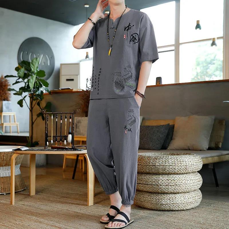 Летний костюм мужской китайский стиль вышивка хлопок и льняной костюм свободный повседневный костюм костюм с короткими рукавами