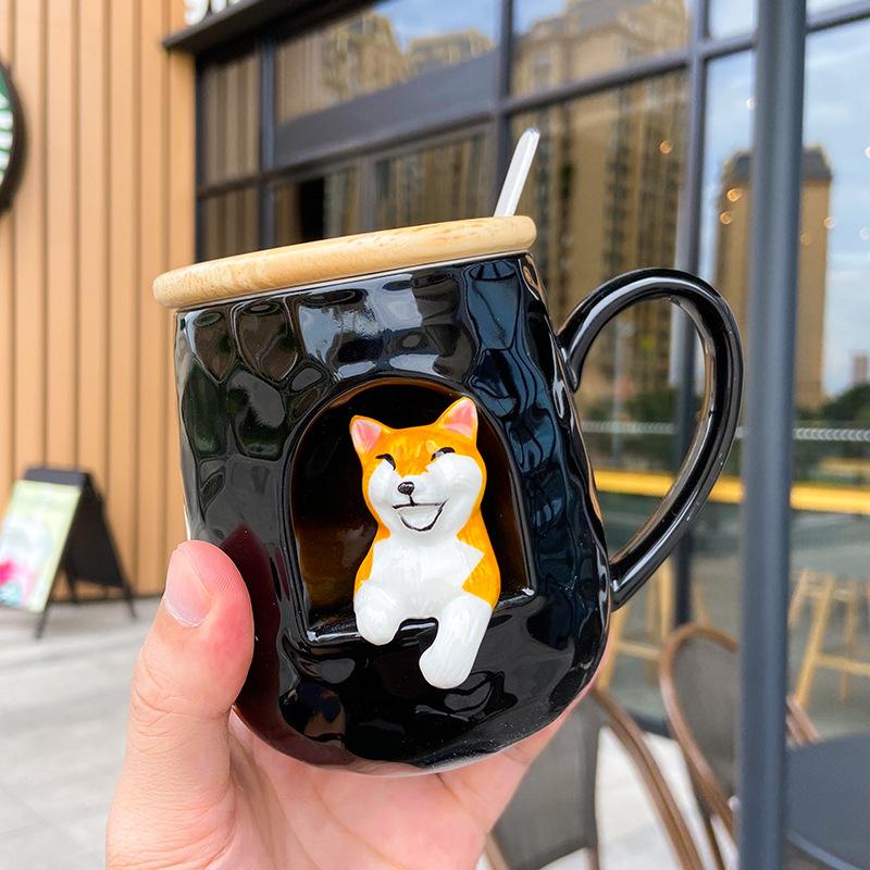 3D Relief Ceramic Mug with Lid Spoon Personality Coffee Mugs Spoon Animal Firewood Dog Cup Teacup