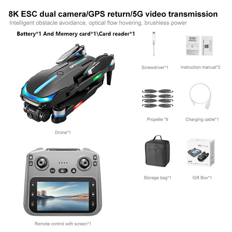 Радиоуправляемый дрон RG806 Max с GPS, 8K HD, двойная камера, 360° обнаружение препятствий, аэрофотосъемка, четырехроторная стабилизация, мониторинг безопасности