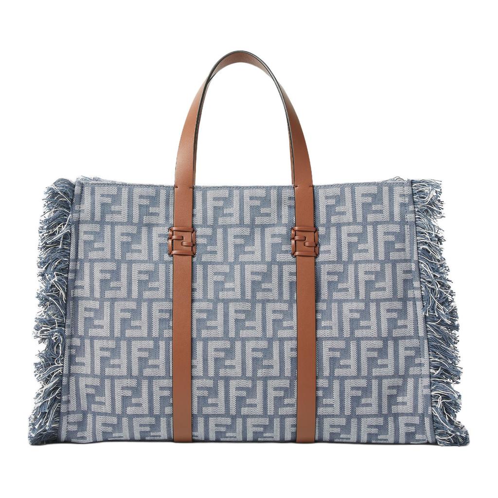 Fendi Logo Print Trimmed Tote Bag With Tassels Women Tote Bags Blue 8BH435-AUT4-F1SXQ