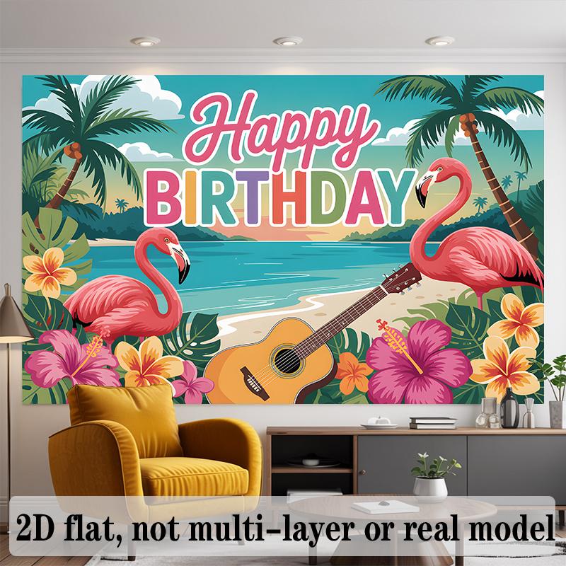 Party Backdrop Tropical Flat Palm Tree Trees Guitar Flowers Hanging Seasons Event Backdrop Decoration Birthday Party Decor