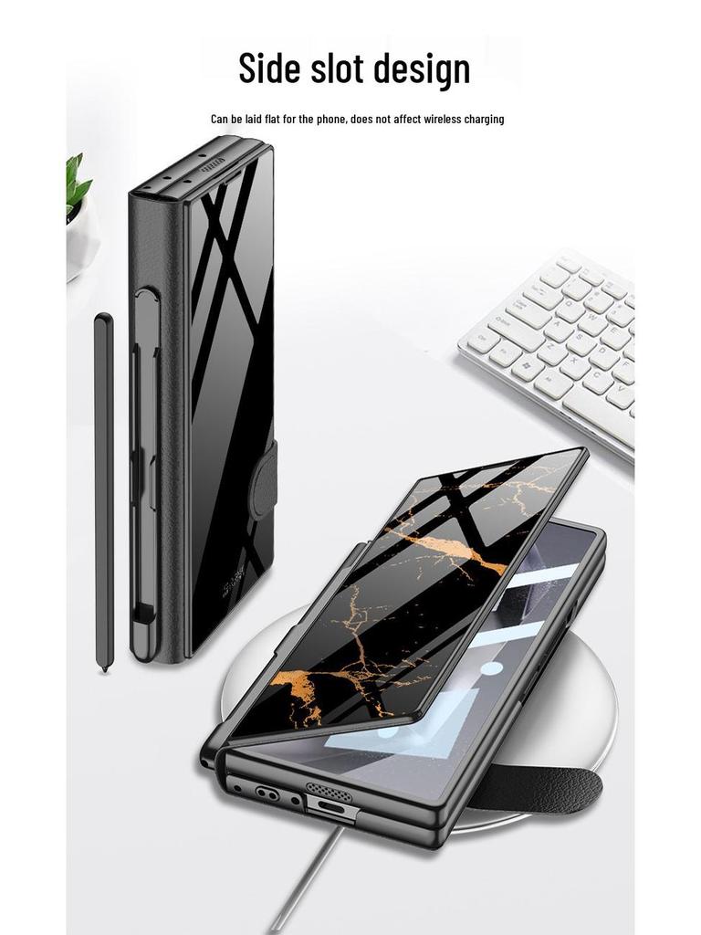 Кожаный чехол-книжка Samsung Z Fold 6 со слотом для стилуса и стеклянной крышкой – Стильный и деловой.