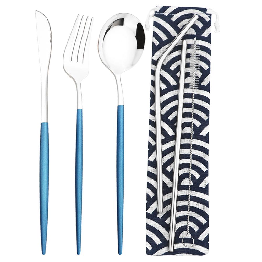 6 шт., набор столовых приборов для кемпинга, дорожный набор столовых приборов, нож, вилка, ложка, соломинка с портативной сумкой, набор посуды из нержавеющей стали