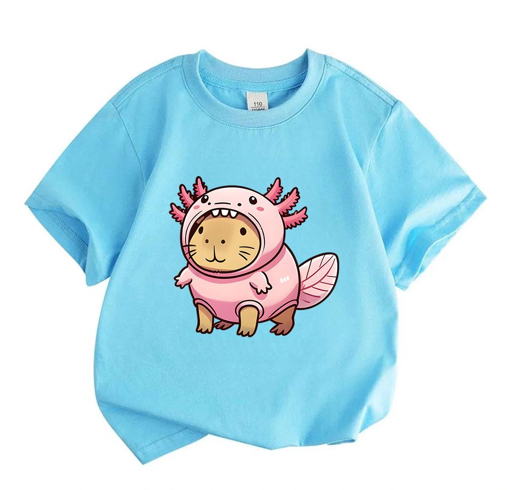 Kids Boys Girls 100% Cotton Crew Neck Short Sleeve T-Shirt, Cute Capybara In Axolotl Costume Printed Casual Soft Breathable Summer Tee For Children Da