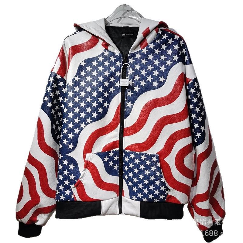 Mens PU Leather Biker Jacket Streetwear Oversized Fit With Contrast Stitching Pressed