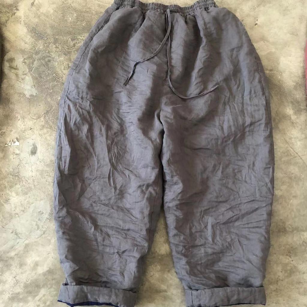 Johnature Women Vintage Winter Pants Solid Color Warm Elastic Waist Trouser Loose Women Straight Pants