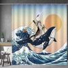 Funny Shower Curtain Brave Cat Holding Trident Arrow Riding Shark In Ocean Wave Whale Cat Shower Curtain Set Bathroom Decor Set