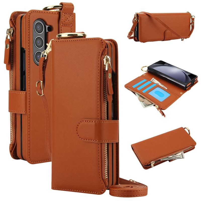 CrossBody Multi-function Wallet case for Samsung Galaxy Z Fold 6, Ring Holder Leather case for Galaxy Z Fold 5 With Lanyard