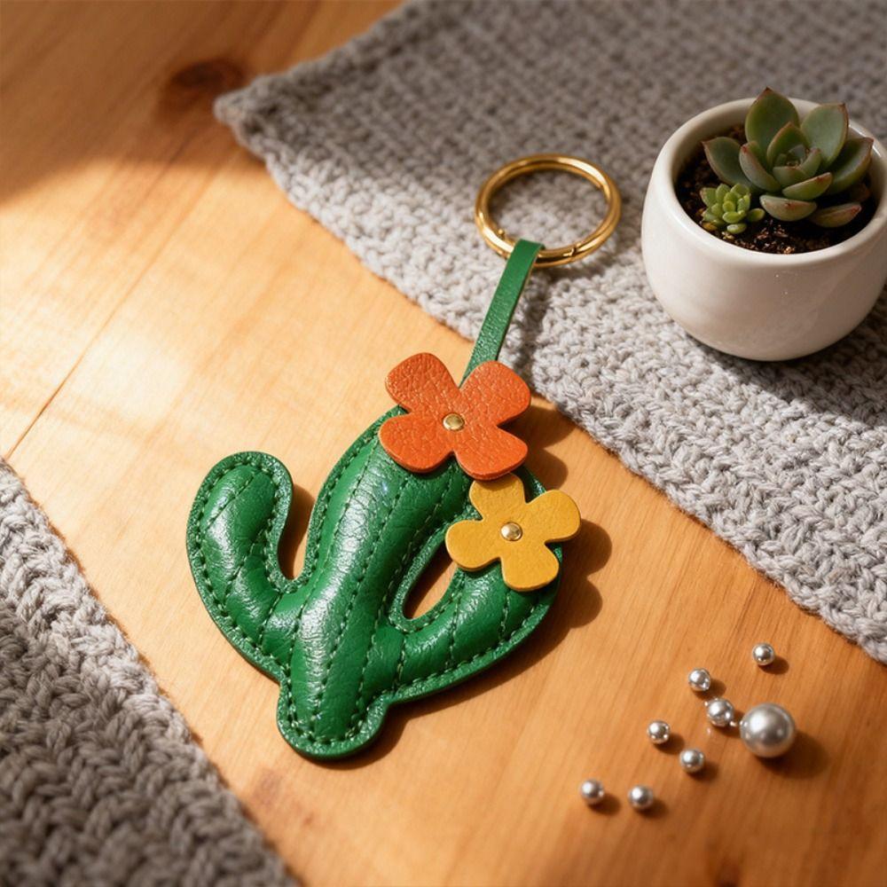 Hanger Pu Leather Cactus Pendant Handmade Bag Charm Cute Pu Flower Keychain Car Accessory