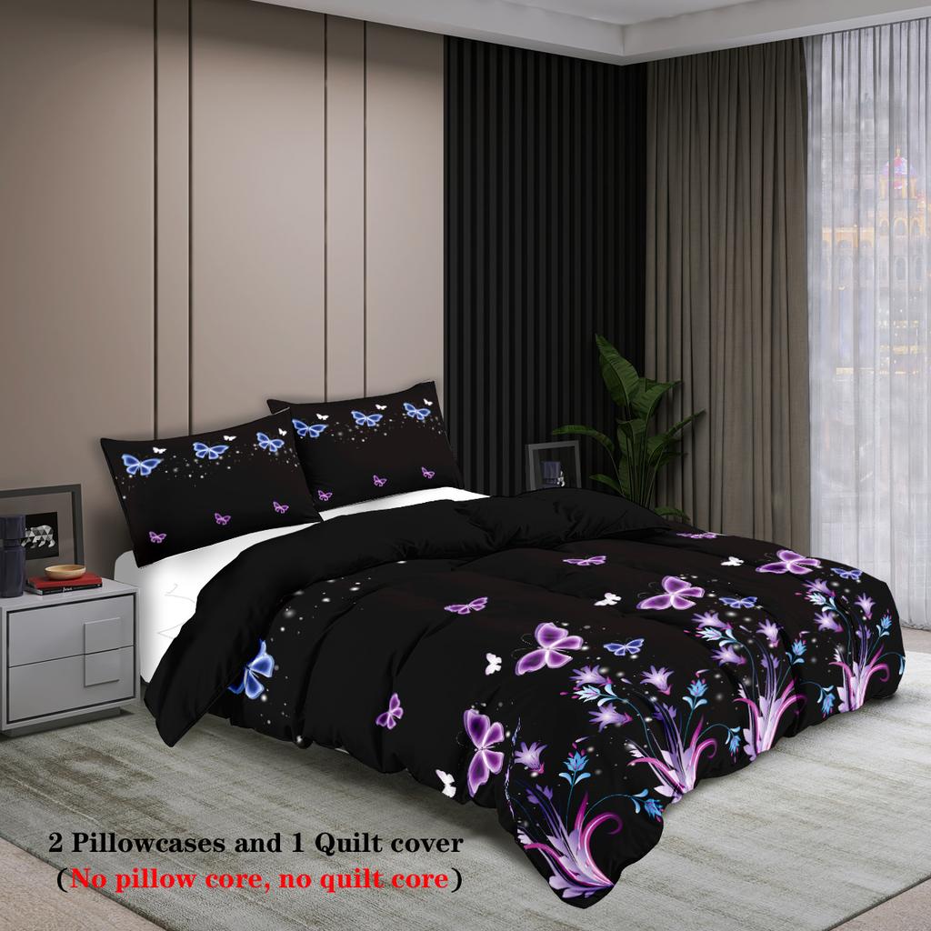 3pcs purple butterfly pattern printed bedding set, suitable for women bedroom, queen, king, twin bed, 1*duvet cover+2*pillowcase