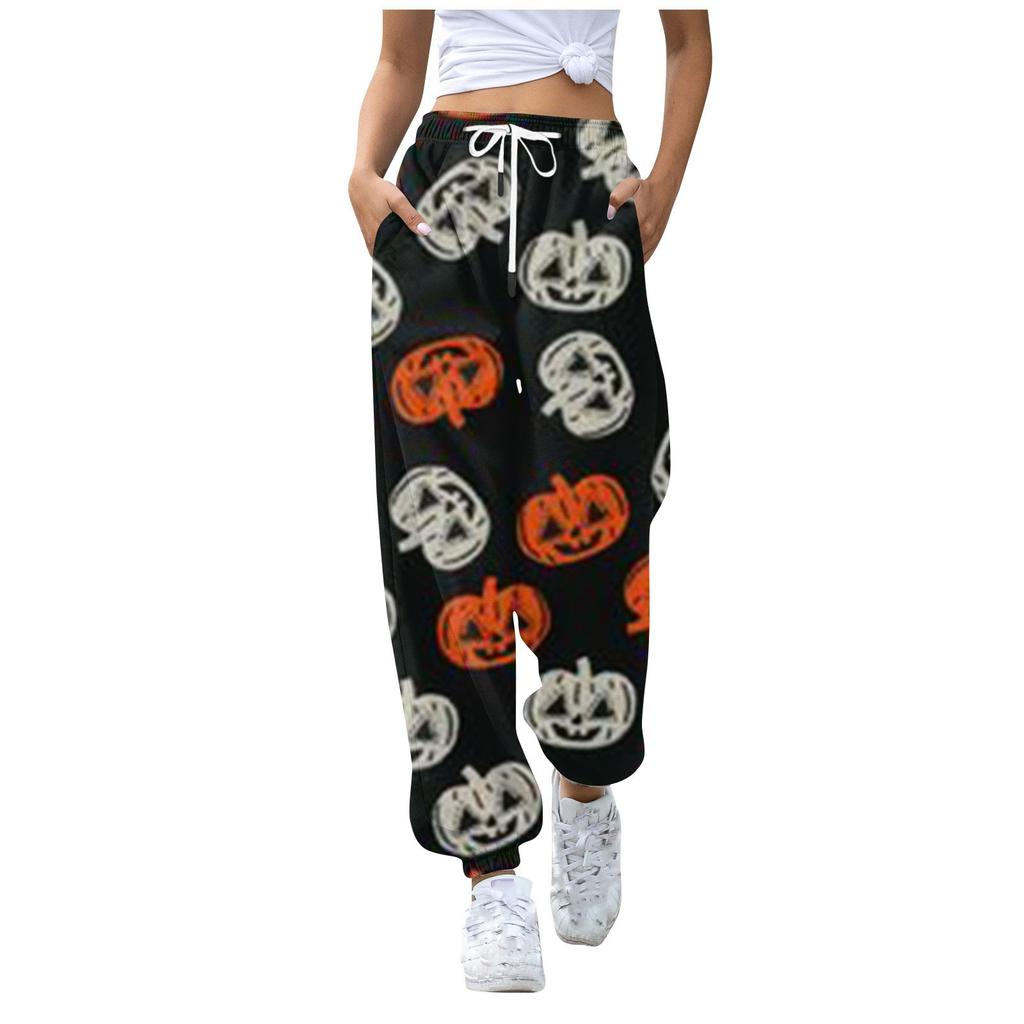 Женские повседневные модные брюки с эластичной резинкой на талии и принтом на Хэллоуин