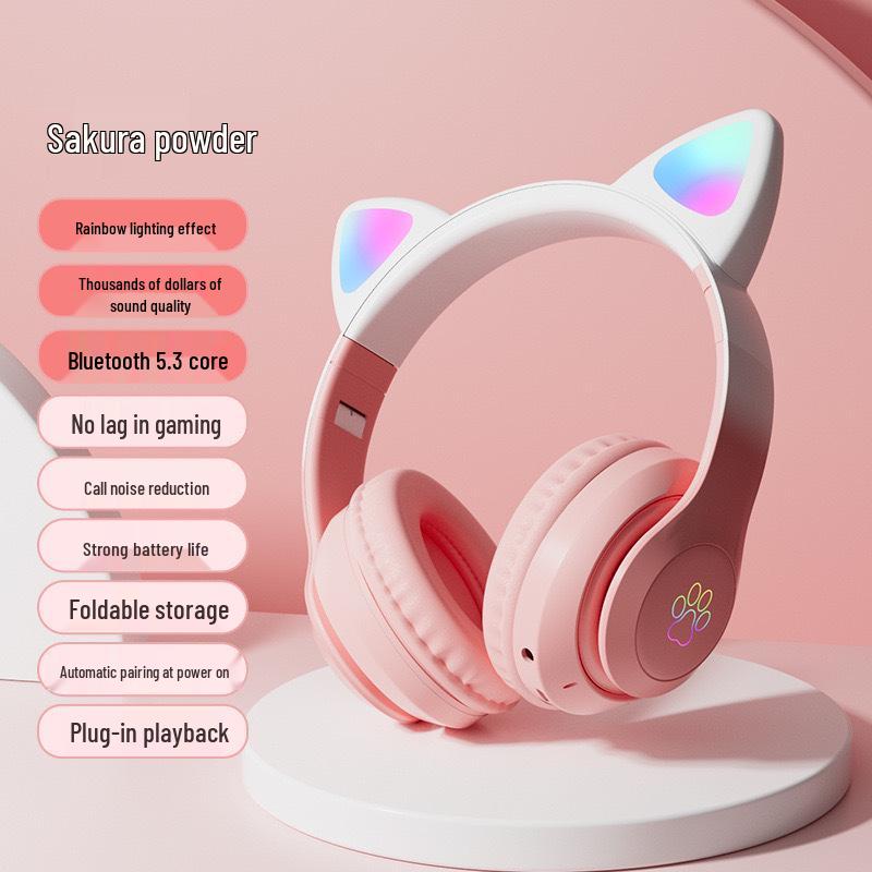 Популярные Bluetooth-наушники с градиентом и кошачьими ушками, милые и модные, с долгим сроком службы батареи для беспроводных занятий спортом и игр.