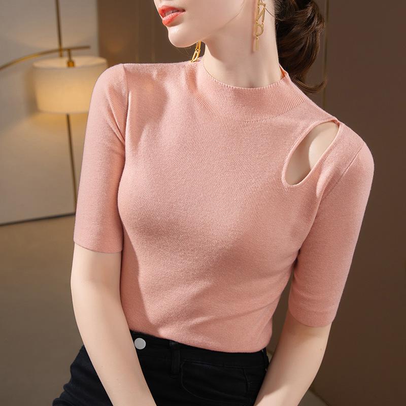 Женская вязаная базовая рубашка с полувысоким воротником, новинка женской одежды, сексуальный ажурный свитер со средним рукавом, тонкий внутренний топ