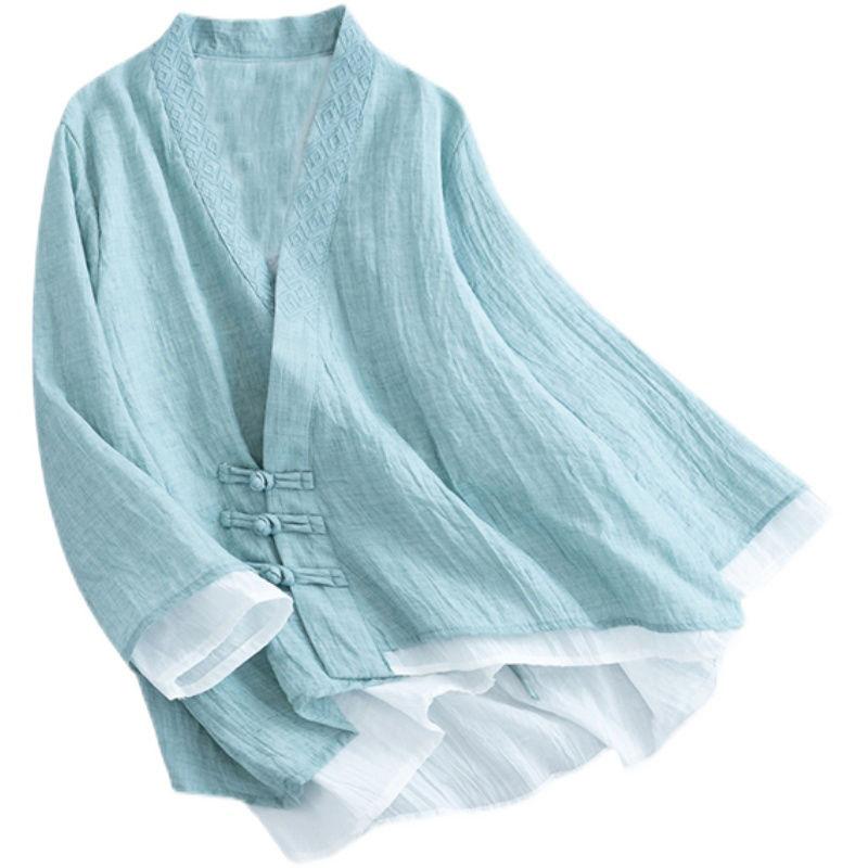 Women's Vintage Chinese Style Blouse Embroidered Loose Fit Asymmetrical Button Down Shirt Chic Spring Summer Top KK132