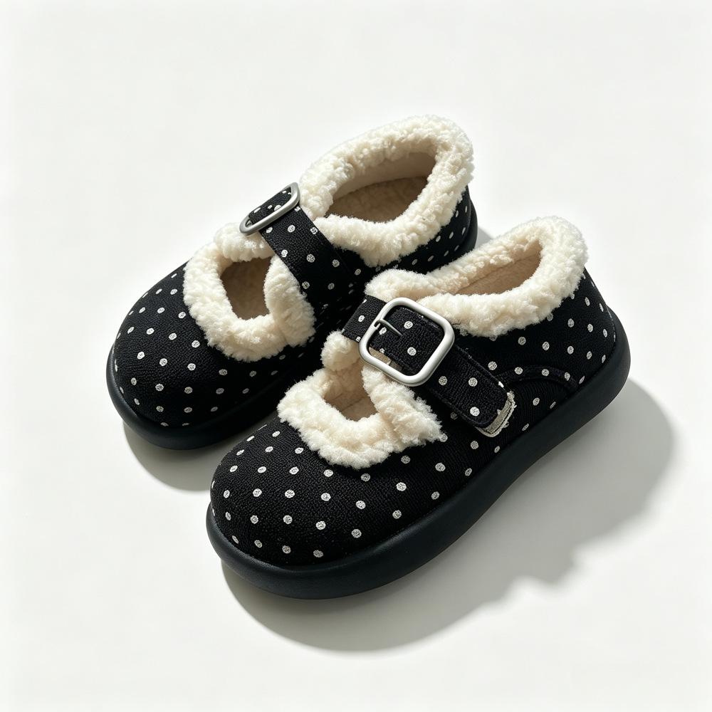 Sweet and light-mouthed fluffy cotton shoes for women's autumn and winter new retro bow thick-soled one-word buckle versatile Mary Jane