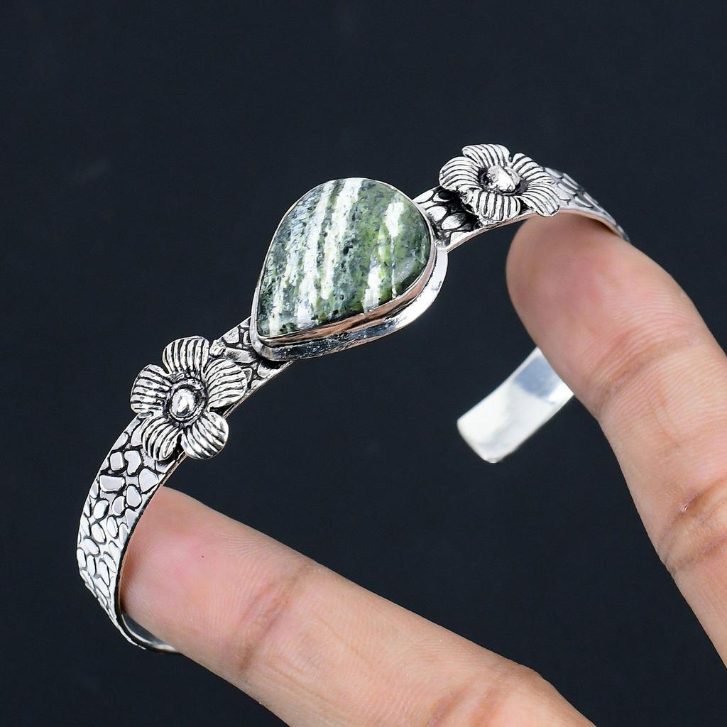 Mothers day Deal Sterling Silver Green Swiss Opal Stone Flower Bangle Jewelry