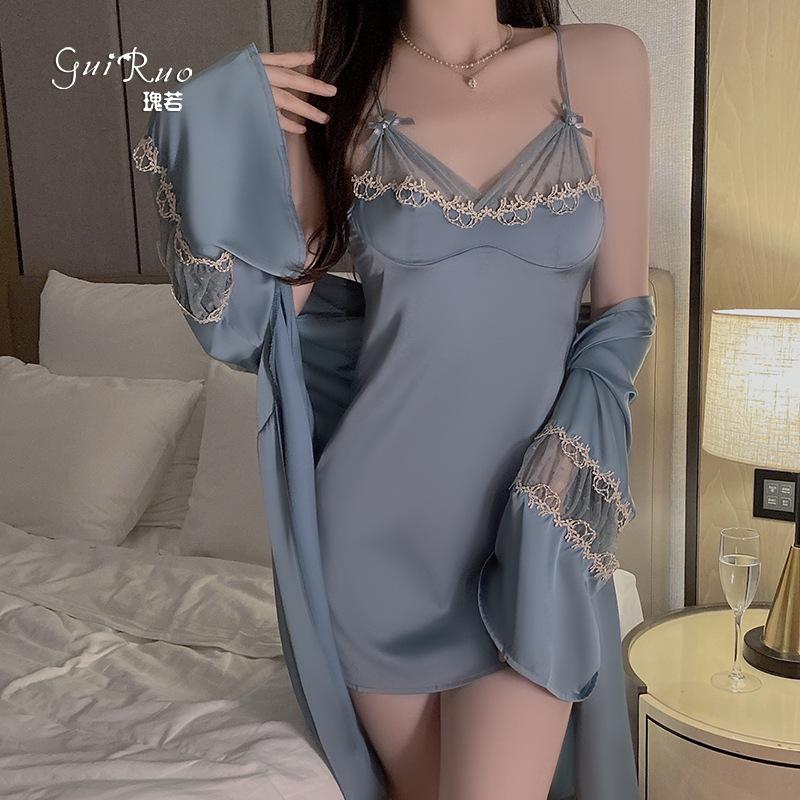 Women's Satin Sheer Mesh Fitted Backless Cami Sleep Dress with Robe Lounge Set