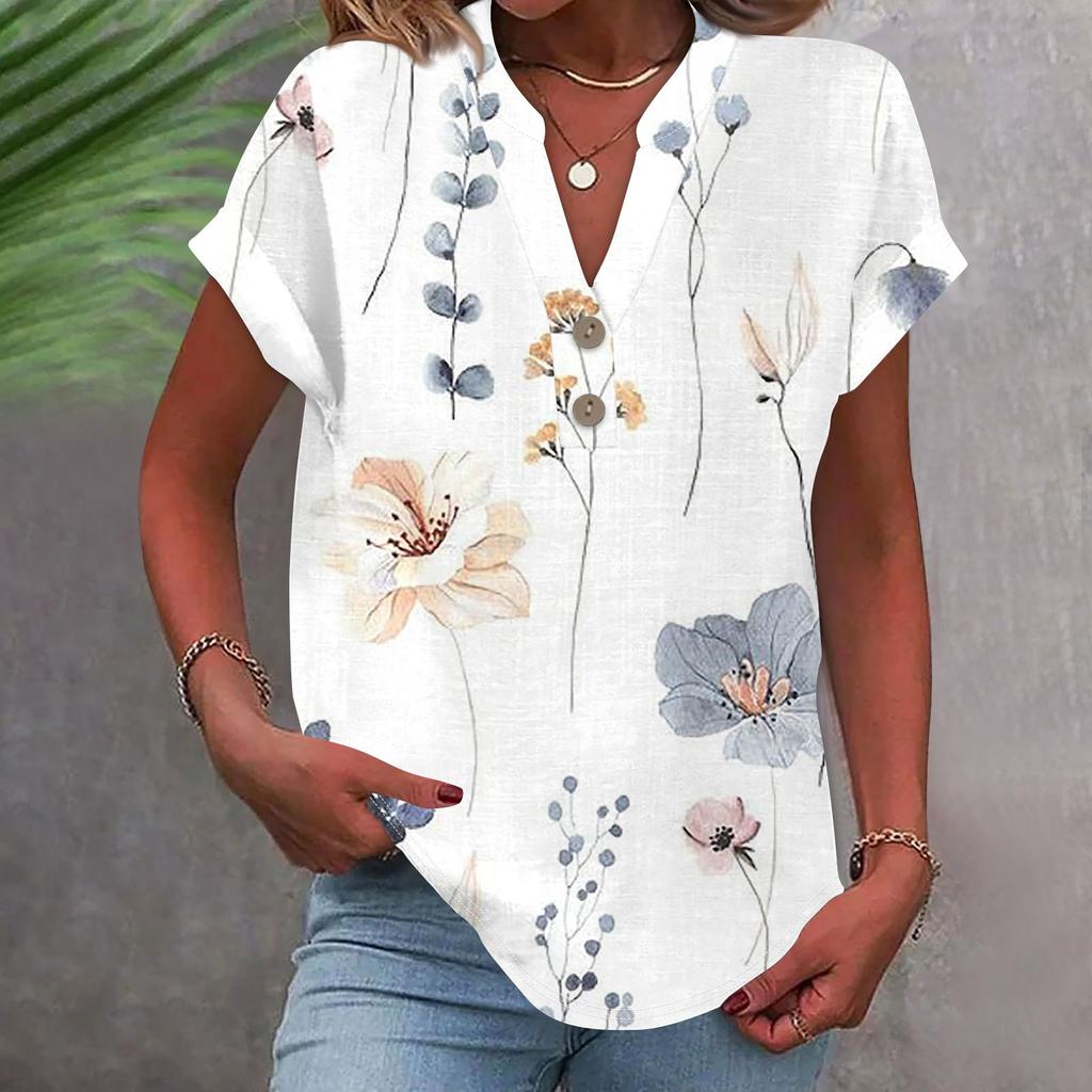 Женская модная повседневная рубашка с v-образным вырезом и коротким рукавом с принтом, футболка на пуговицах, топ