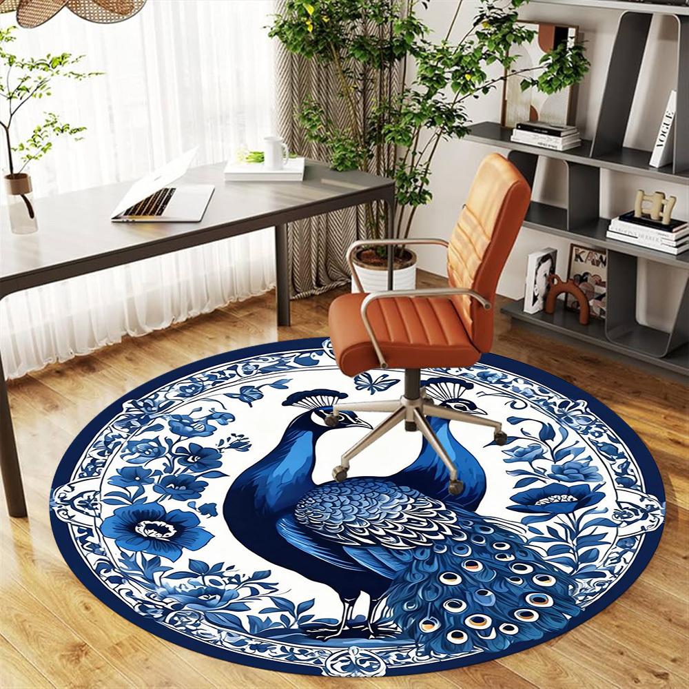 1pc Peacock Floral Round Chair mat Area Rug - Non-Slip, Floor Mat for Office, Bedroom, and Indoor Decor -1002226