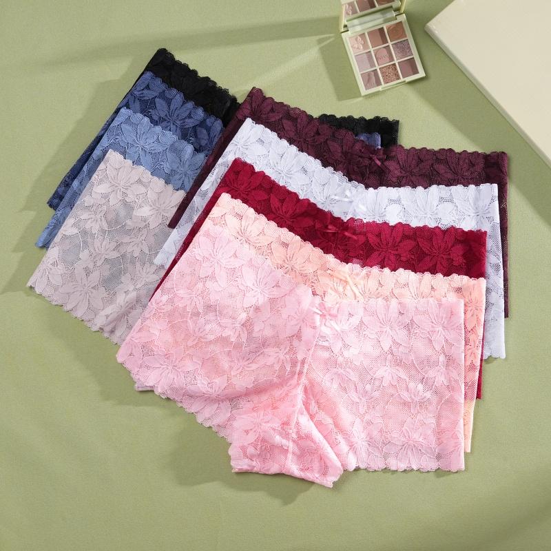 FINETOO 3Pcs Women's Sexy Lace Floral Perspective Boyshorts Solid Color Hollow Out Boxer Panties Female Breathable Transparent Lingerie