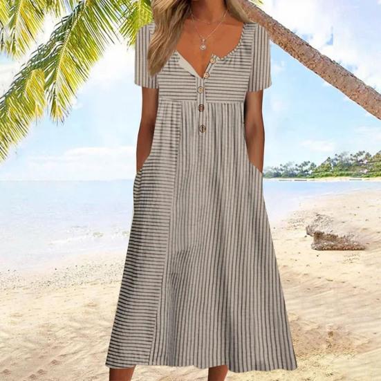 Summer Women Dress A-line Loose Hem Pleated O Neck Half Button Closure Short Sleeve Loose Side Pockets Retro Floral Print Mid-calf Length Commute