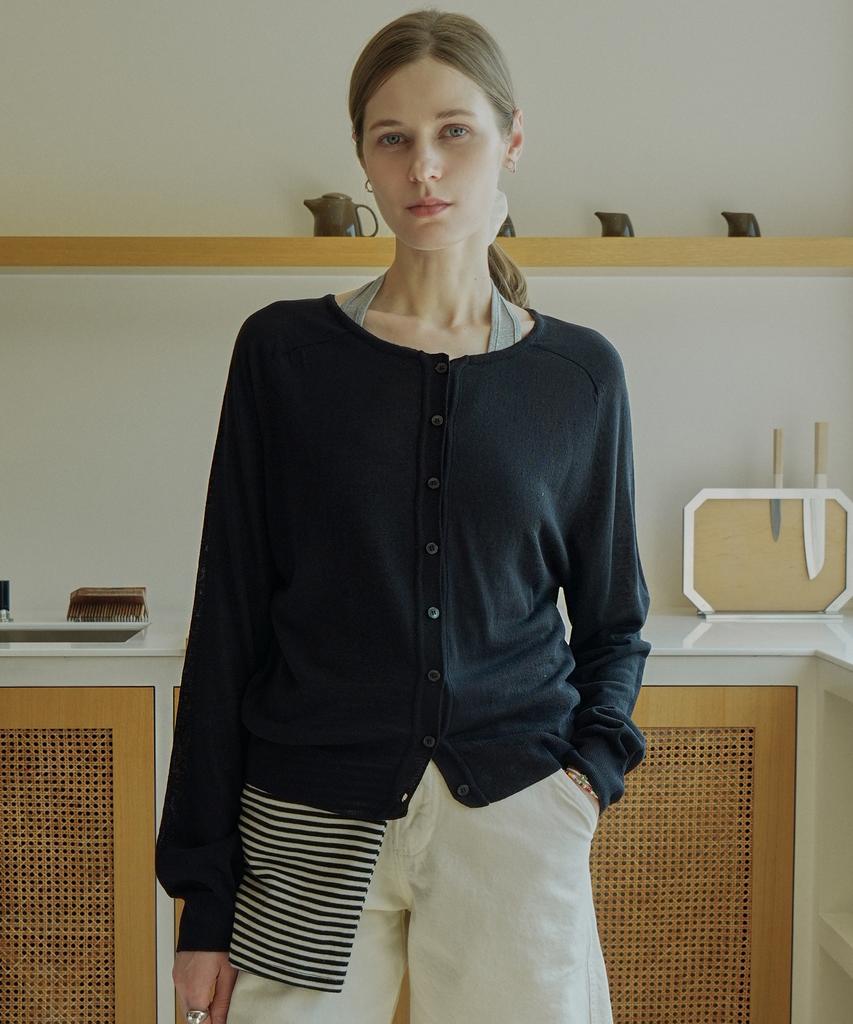 VLETI Linen Blend Raglan Button Knit Cardigan (Black)