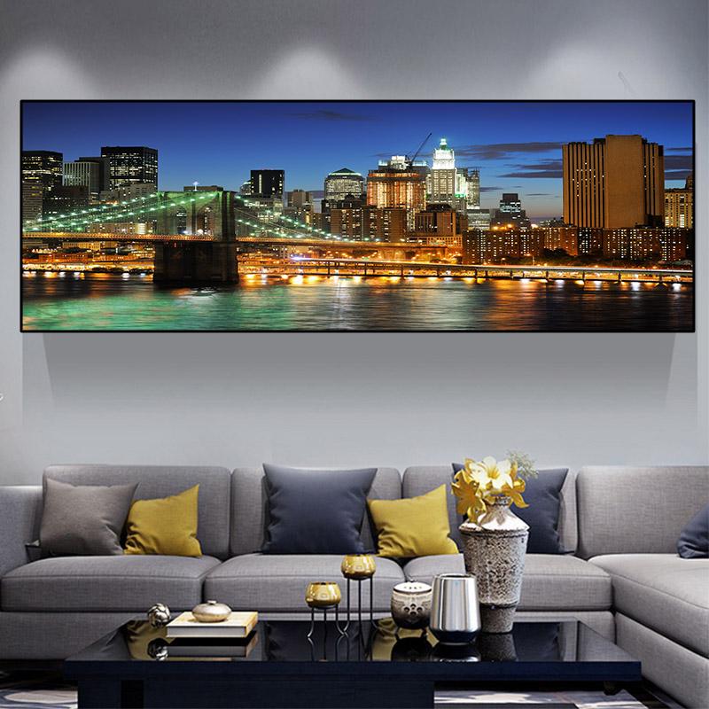 Night View Brooklyn Bridge New York City Landscape Canvas Painting Posters and Prints Wall Art Pictures Room Home Decor No Frame