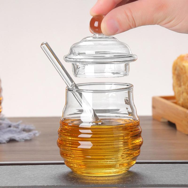 Glass Honeycomb Tank Honey Jar Clear Glass Honey Dispenser With Dipper Stick And Lid Honey Bottle For Kitchen Coffee Bar Baking