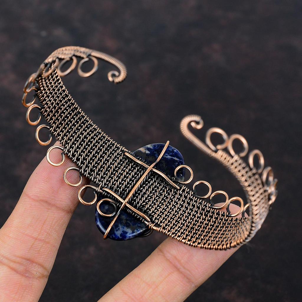 Sodalite Cuff Bracelet Copper Wire Wrapped Adjustable Bangle Gemstone Cuff Bracelet Handmade Bangle Copper Designer Jewelry Anniversary Gift