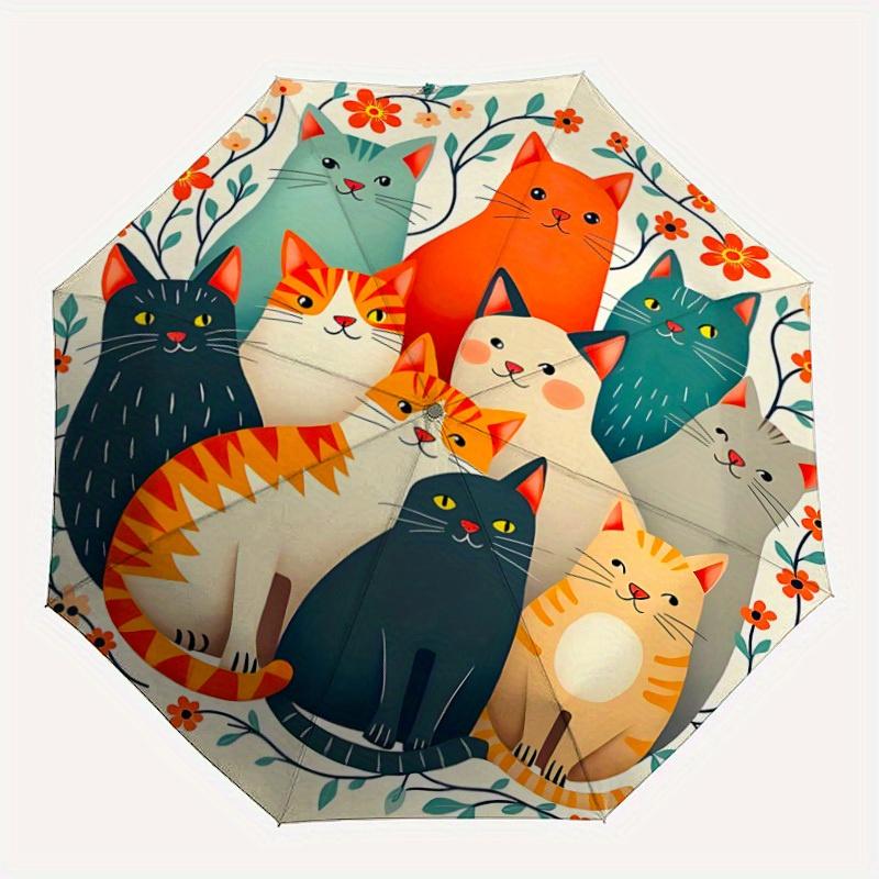 1pc Cat Floral Automatic Open/Close Umbrella with One-Touch Button, Compact Folding Canopy, Sturdy 8-Rib Windproof Design -113