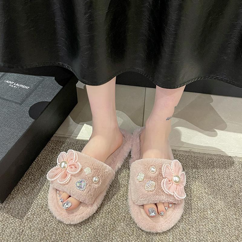 Fashion 2024 Winter New Women's Home Solid Color Flower Pearl Decorated Fluffy Furry Cotton Slippers